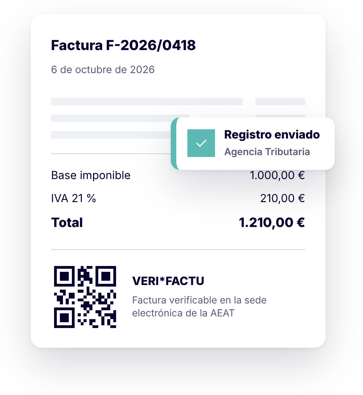 Factura con código QR y leyenda VERI*FACTU, con aviso de registro enviado a la Agencia Tributaria
